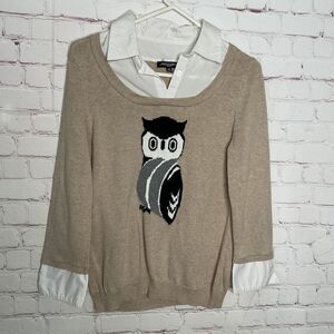 Notations Women's Owl Print Faux Collar Cuff Knit Long Sleeve Sweater Size PM